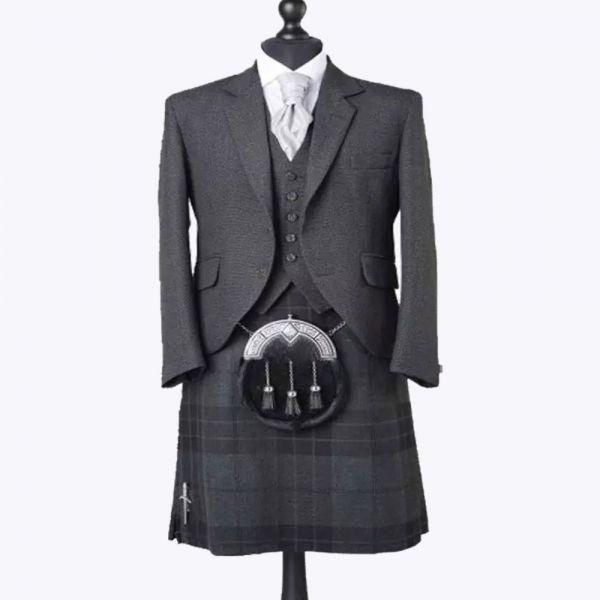 Premium Charcoal Gray Tweed Jacket With Night Watch Tartan Kilt Outfit