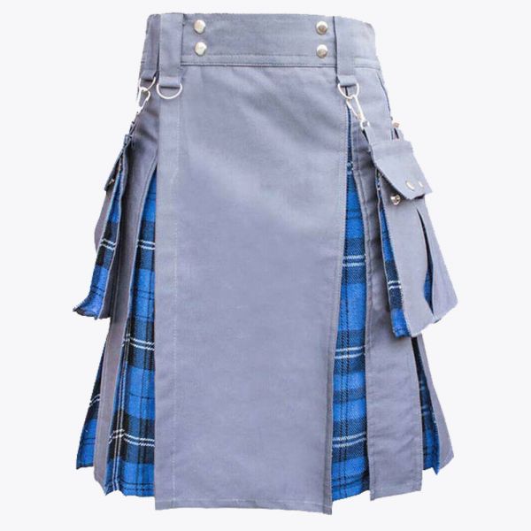 Ramsay Blue Tartan & Grey Cotton Hybrid Utility Kilt For Men