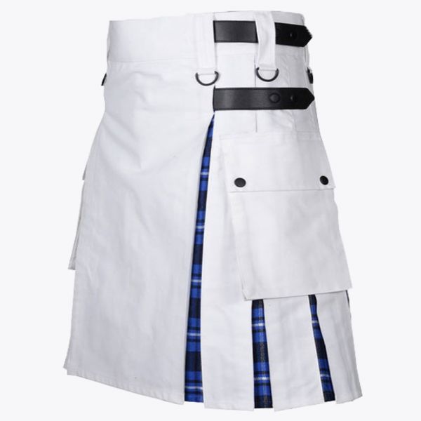 Ramsay Blue Tartan & White Cotton Hybrid Utility Kilt For Men