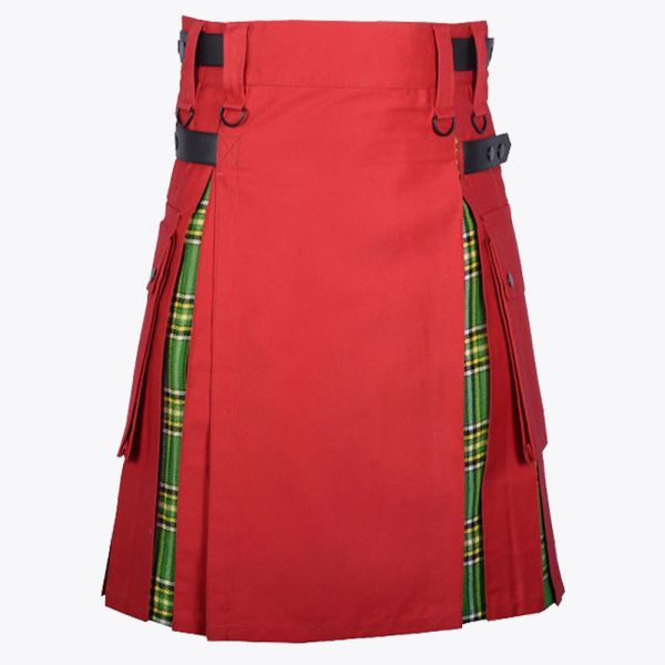 Red Cotton & Irish Tartan Hybrid Utility Kilt For Men