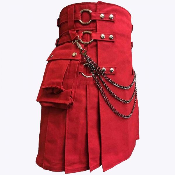 Red Canvas Cloth Straps Utility Kilt For Men