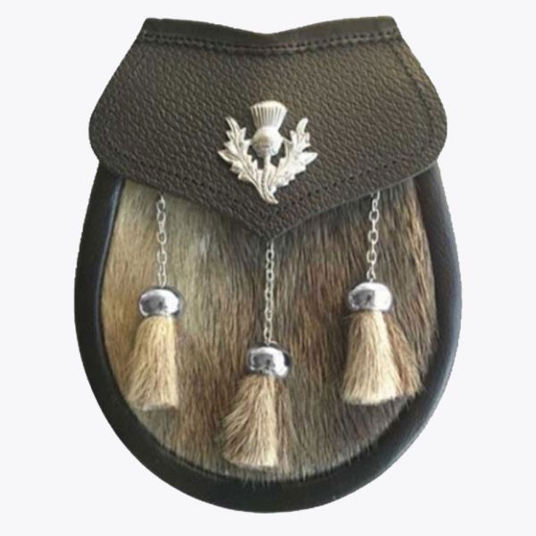 Seal Skin Sporran THISTLE Badge on Leather Flap Chain
