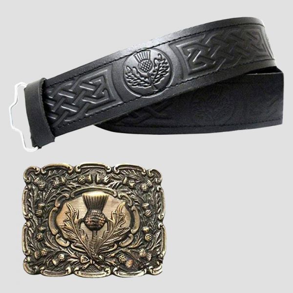 Thistle Embossed Leather Kilt Belt With Thistle Buckle